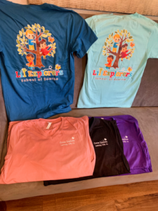 Lil Explorers School of Boerne T-Shirts with full-color logo on back of shirt and text on front left chest