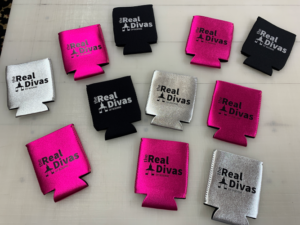 custom koozies in metallic pink, silver, and black