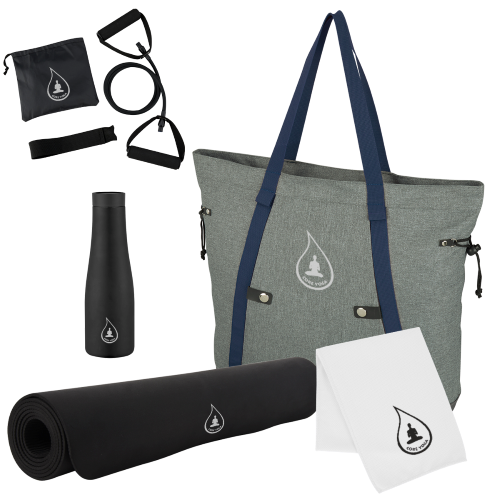 Yoga Wellness set with custom branded tote, yoga mat, yoga towel, resistance bands, and water bottle